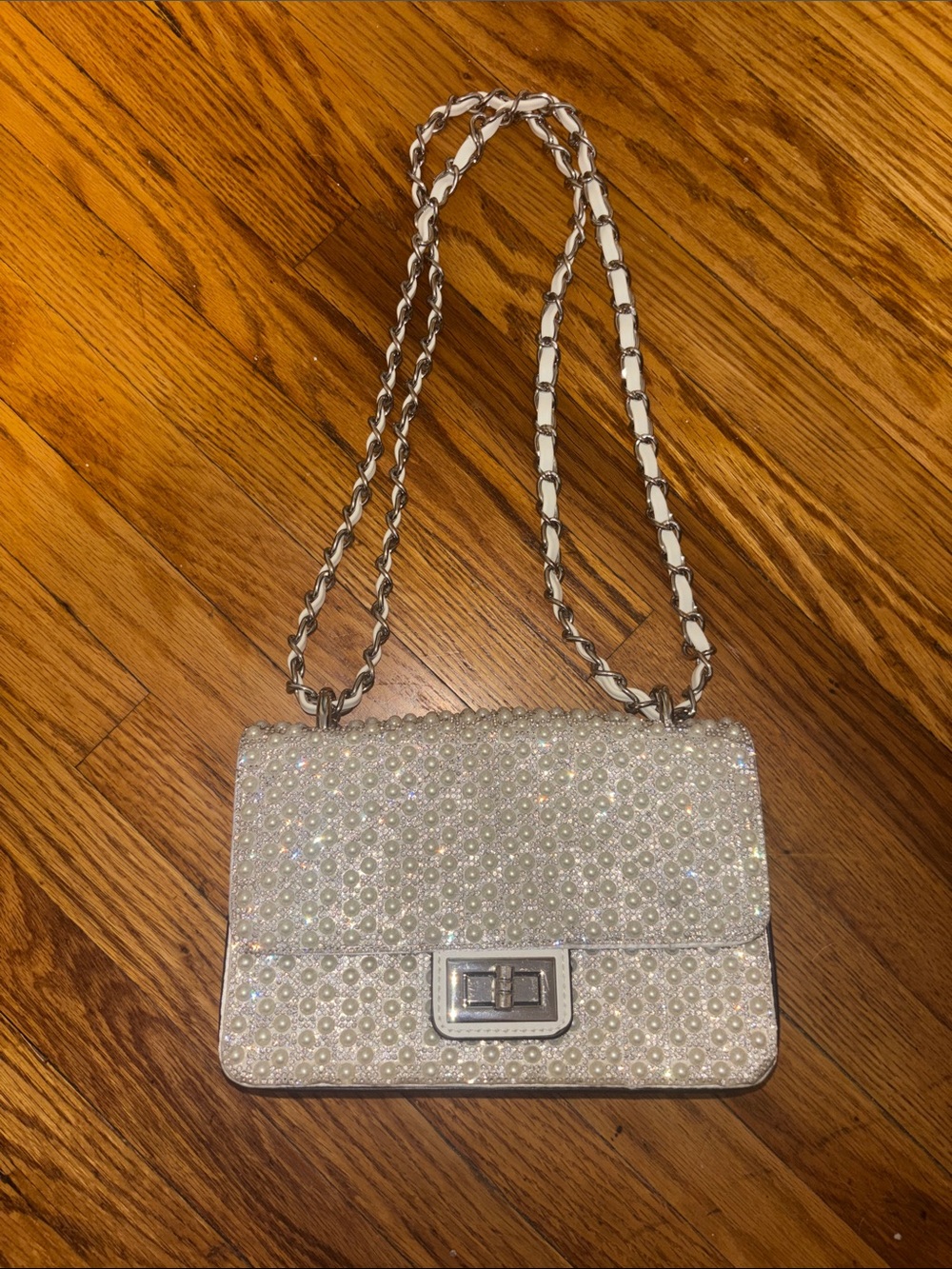 Aldo White Pearl & Crystal Chain Crossbody Bag